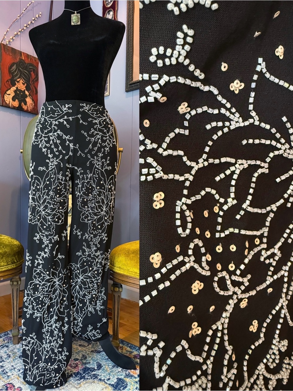 Vintage 90s Laundry by Shelli Segal Beaded Flared Whimsigoth Evening Pants